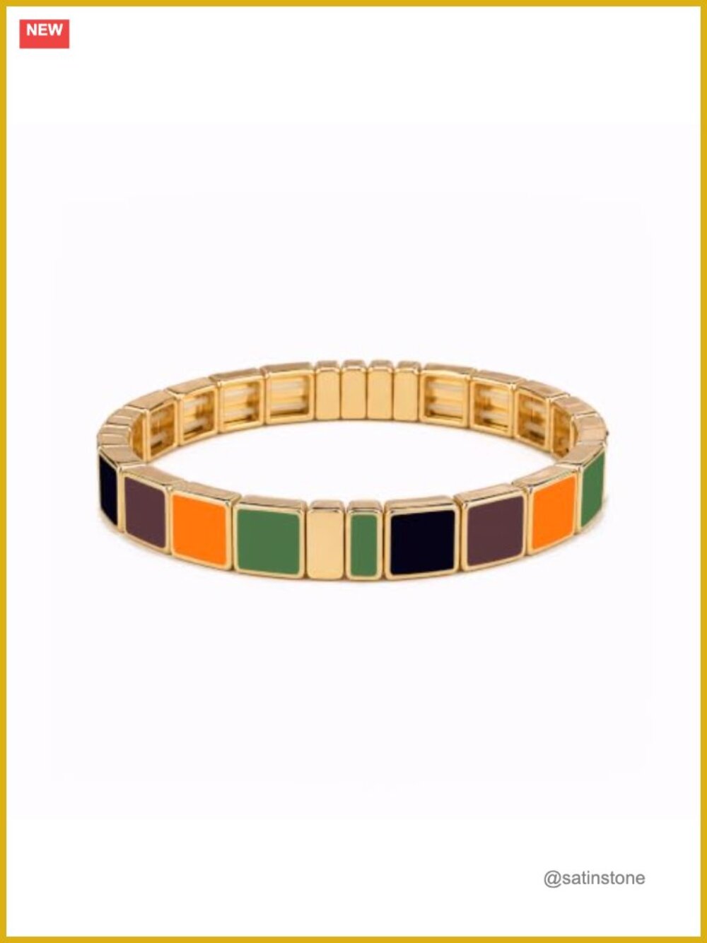 Gold Tone Enamel Tile Stretch Bracelet Stackable Women's Fashion Jewelry